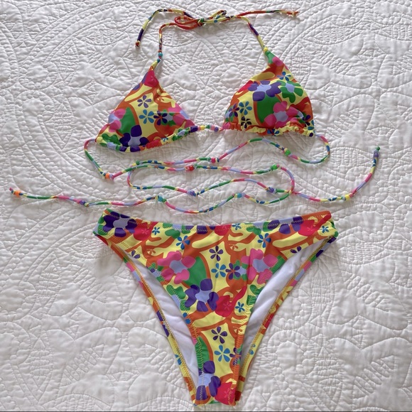 Bright Floral Bikini with Beaded Tie - Picture 5 of 5